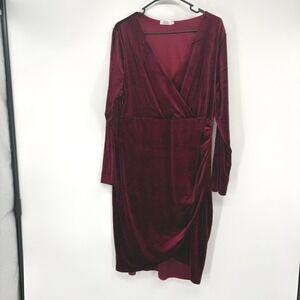 Pinup Fashion Dress Women 18W Burgundy Velvet Wrap V-Neck Long Sleeve Goth‎